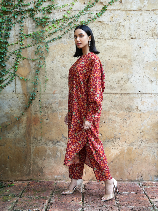 Maroon Handloom Jacquard Co-ord Set with Phulkari Print - I AM BLVD