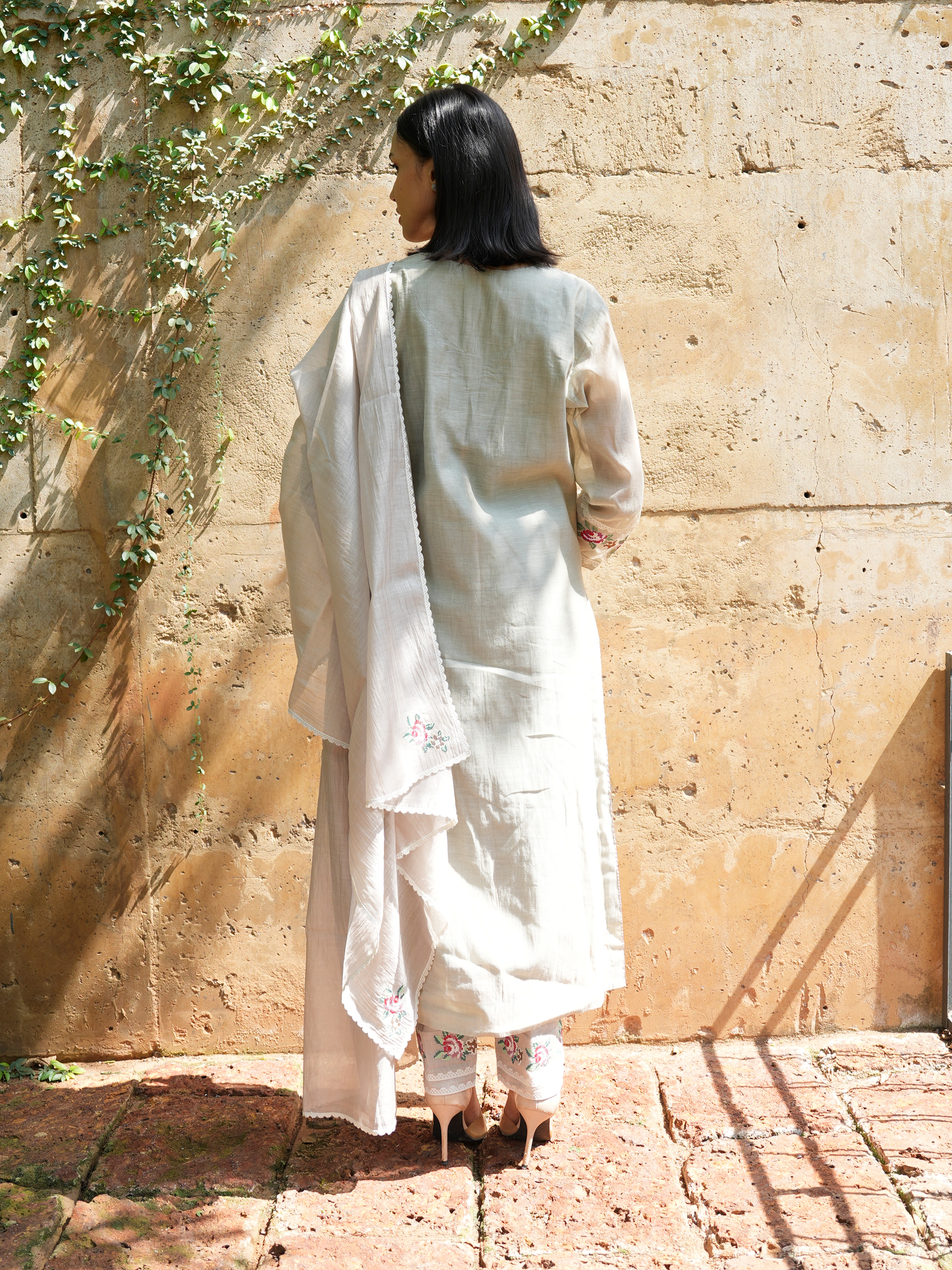Neon Silver Chanderi Cotton Salwar Suit with Embroidered Roses - I AM BLVD