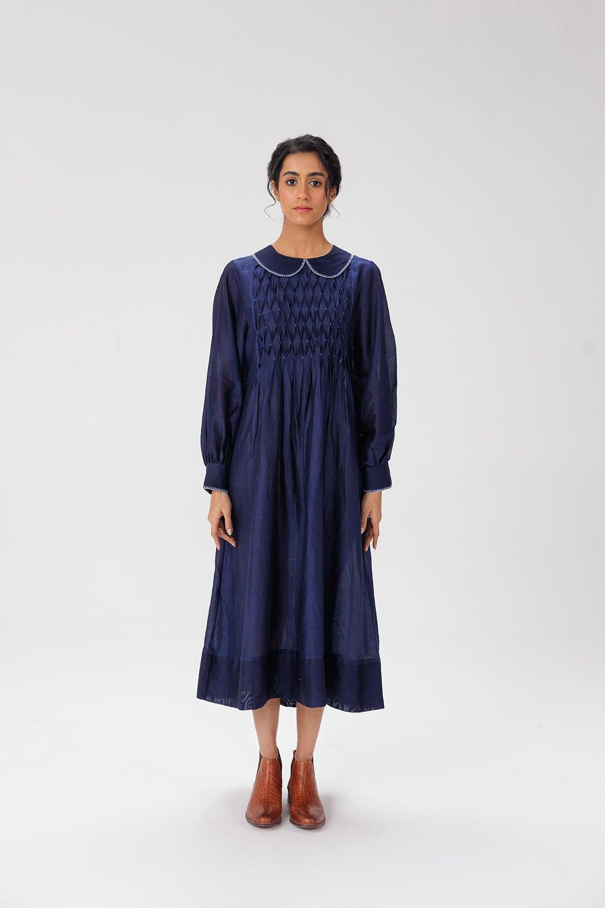 Navy Blue Smocked Maxi Dress - I AM BLVD