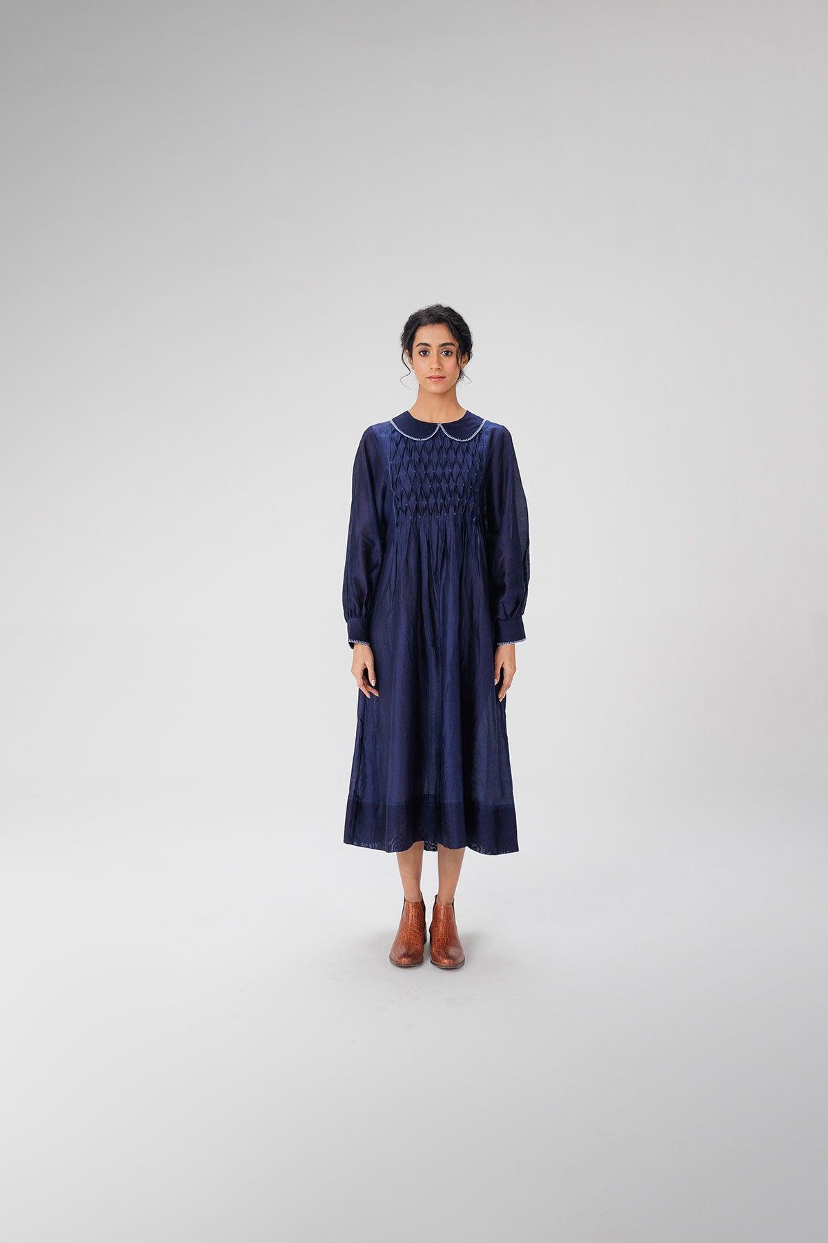 Navy Blue Smocked Maxi Dress - I AM BLVD