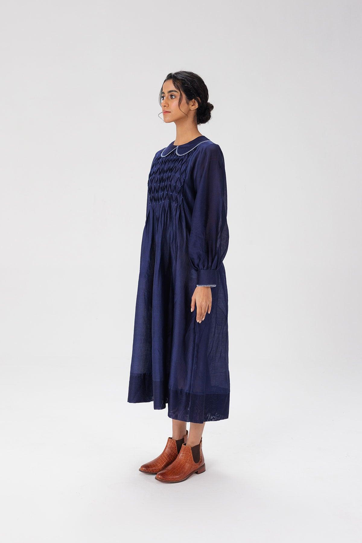 Navy Blue Smocked Maxi Dress - I AM BLVD
