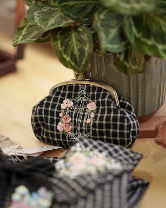 Hand-Embroidered Linen Clutch with Brass Frame