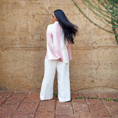 Active White Linen Shirt with Pink & Yellow Stripes