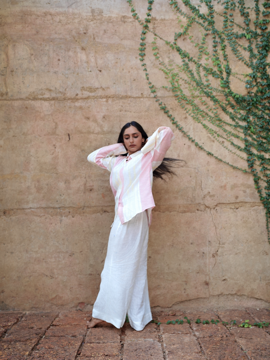 Active White Linen Shirt with Pink & Yellow Stripes