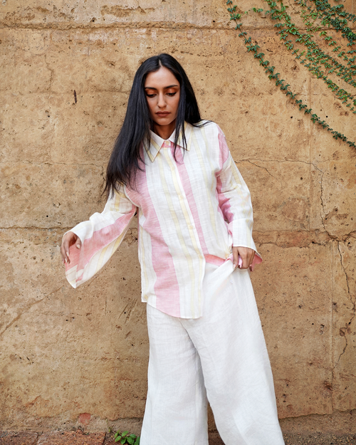 Active White Linen Shirt with Pink & Yellow Stripes - I AM BLVD