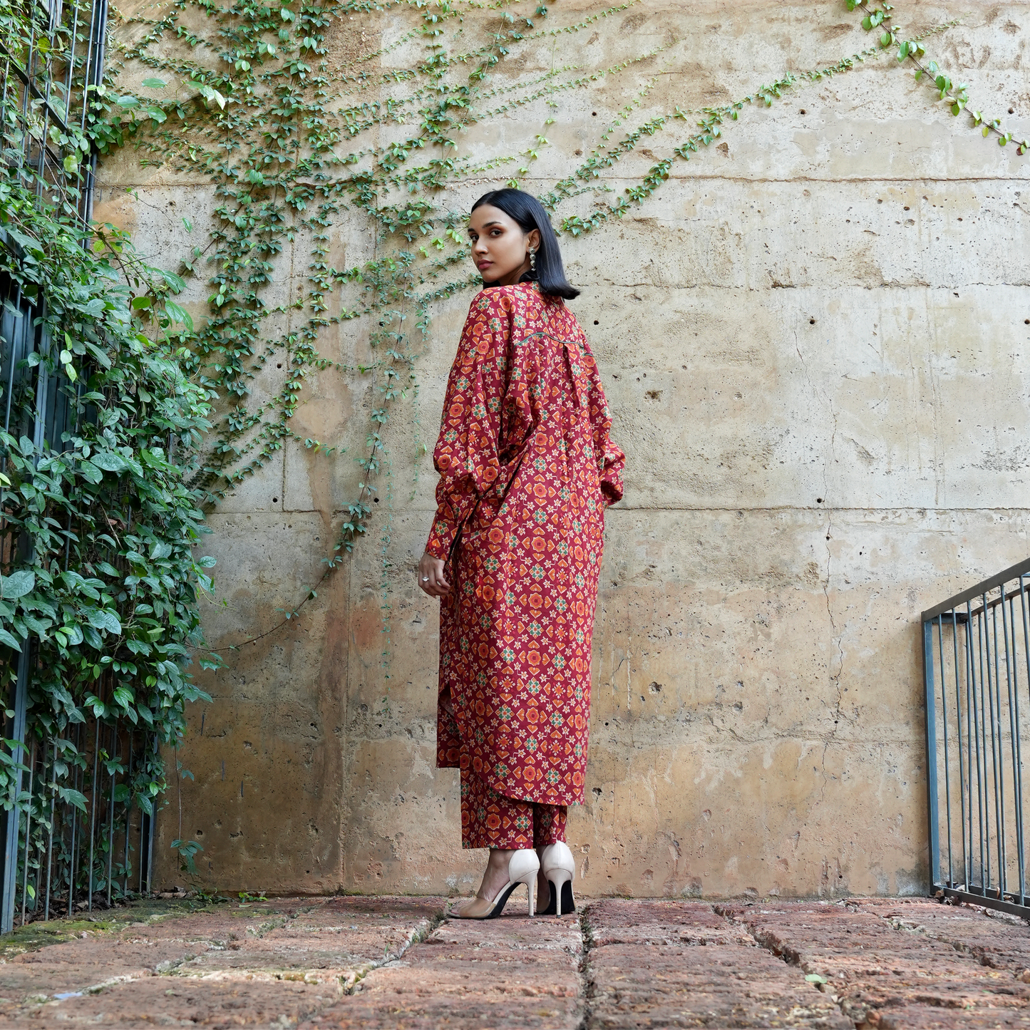 Maroon Handloom Jacquard Co-ord Set with Phulkari Print