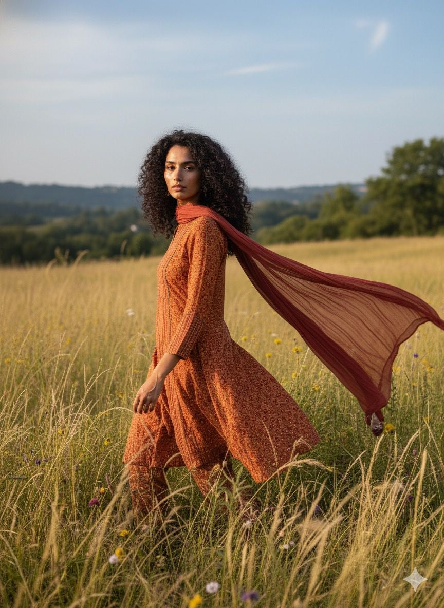 Woman in an orange dress standing in a field with a scarf