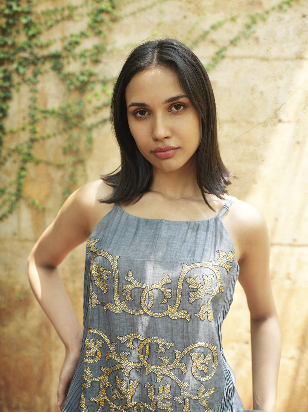 Grey Chanderi Cotton Dress with Kantha Embroidery - I AM BLVD