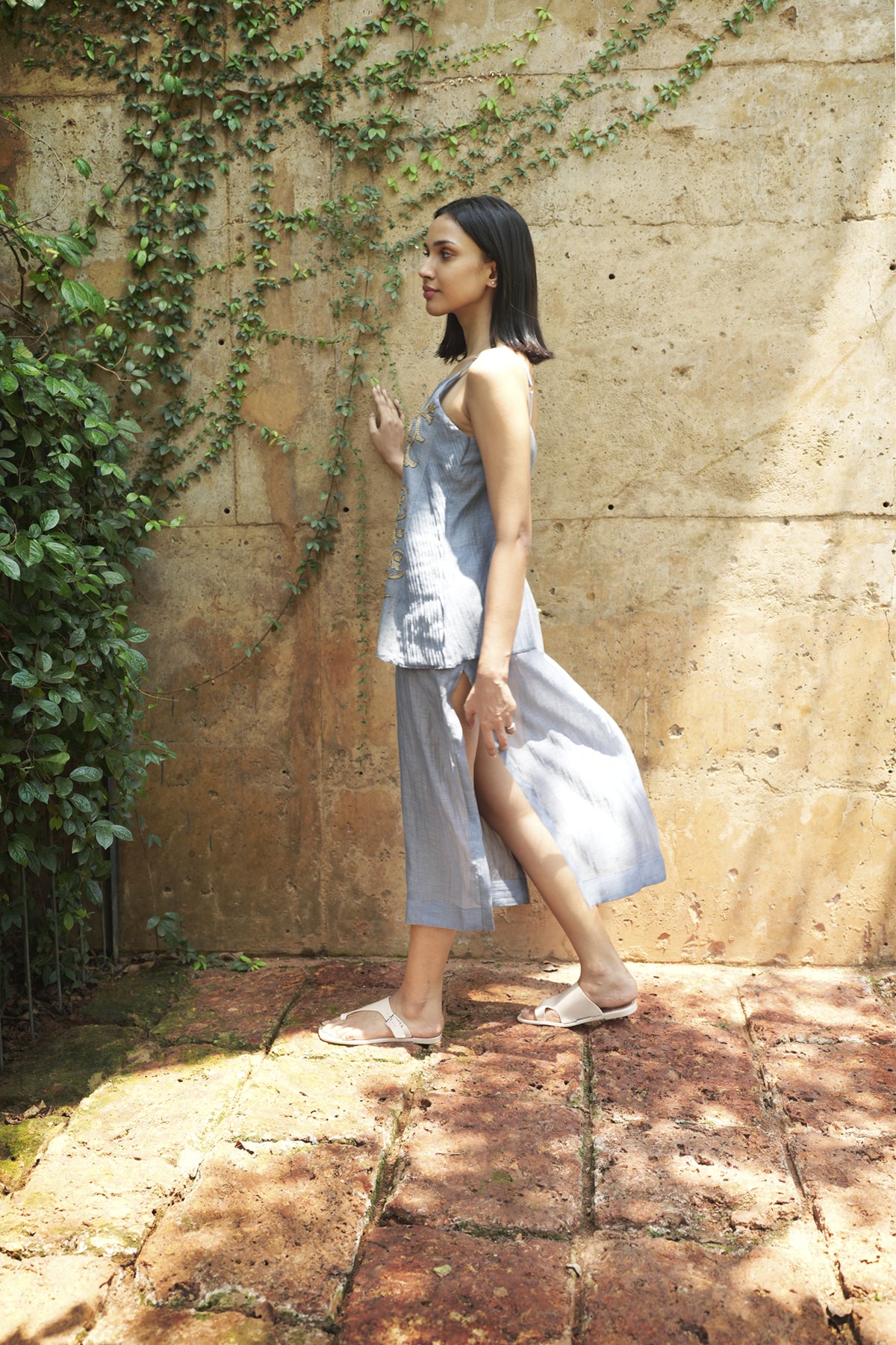 Grey Chanderi Cotton Dress with Kantha Embroidery - I AM BLVD