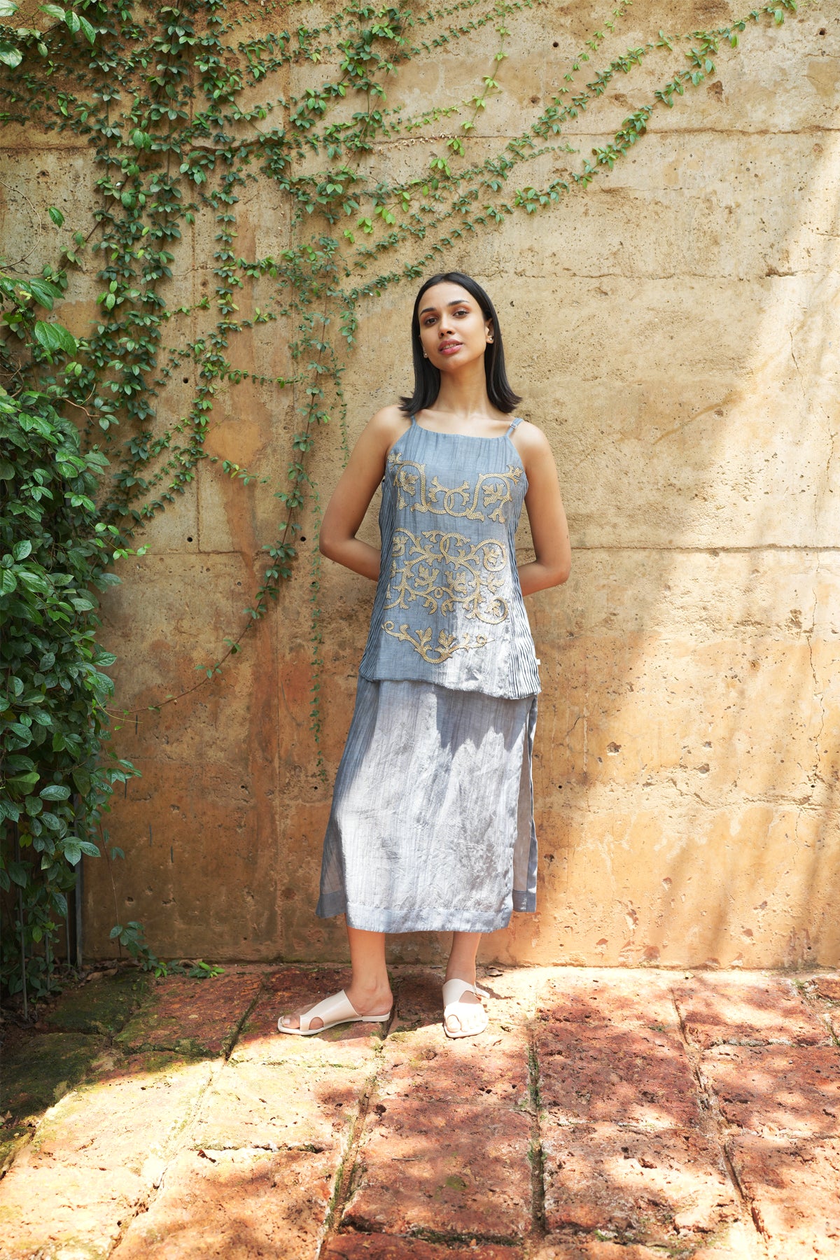 Grey Chanderi Cotton Dress with Kantha Embroidery - I AM BLVD