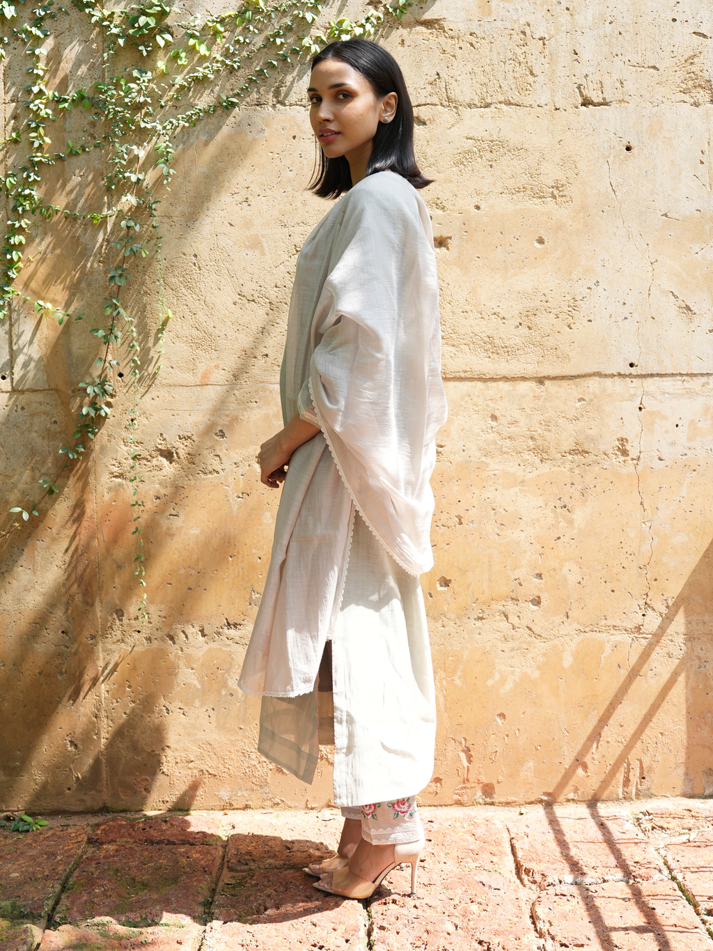 Neon Silver Chanderi Cotton Salwar Suit with Embroidered Roses - I AM BLVD