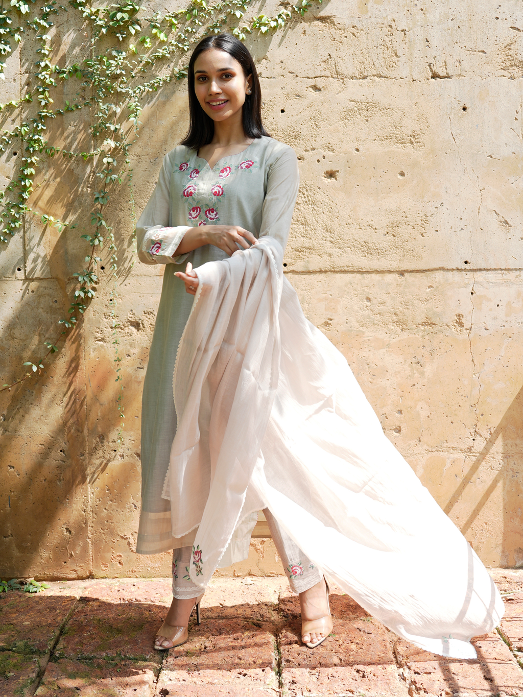 Neon Silver Chanderi Cotton Salwar Suit with Embroidered Roses - I AM BLVD