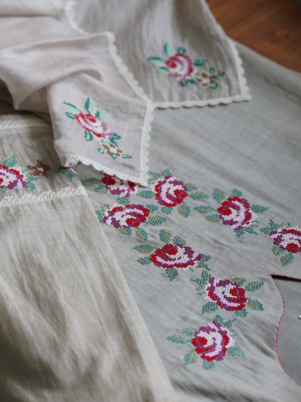 Neon Silver Chanderi Cotton Salwar Suit with Embroidered Roses - I AM BLVD