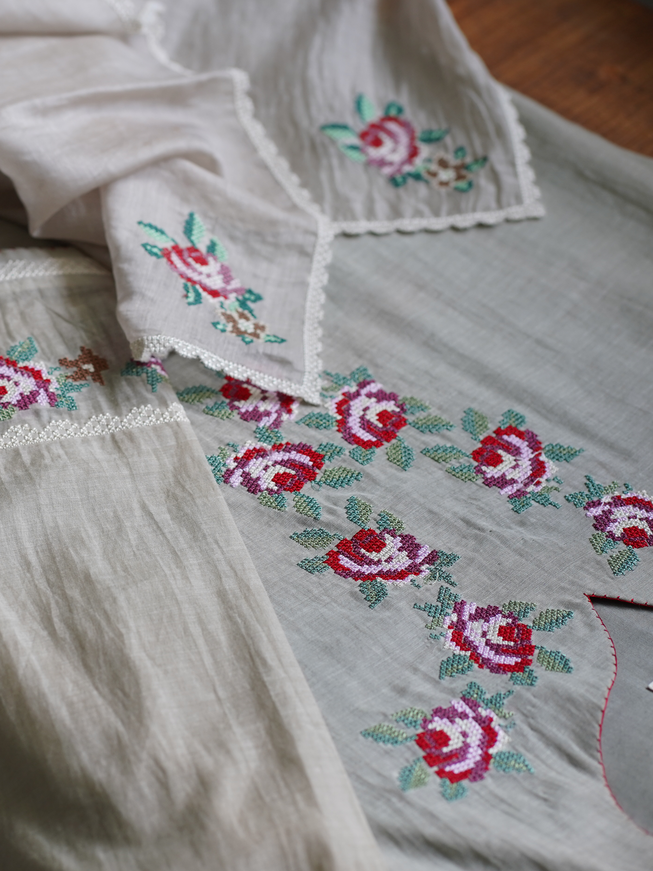 Neon Silver Chanderi Cotton Salwar Suit with Embroidered Roses - I AM BLVD