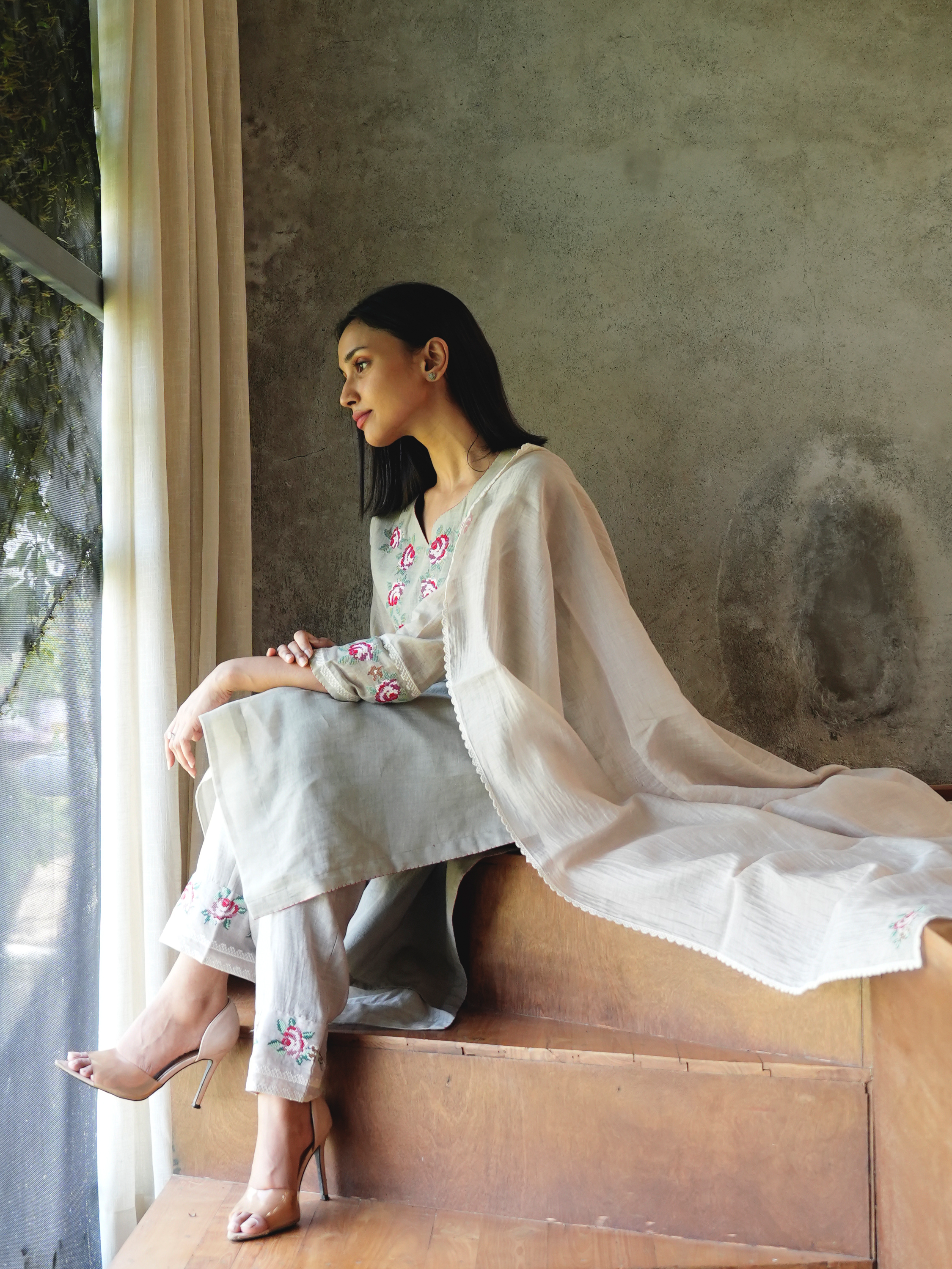 Neon Silver Chanderi Cotton Salwar Suit with Embroidered Roses - I AM BLVD