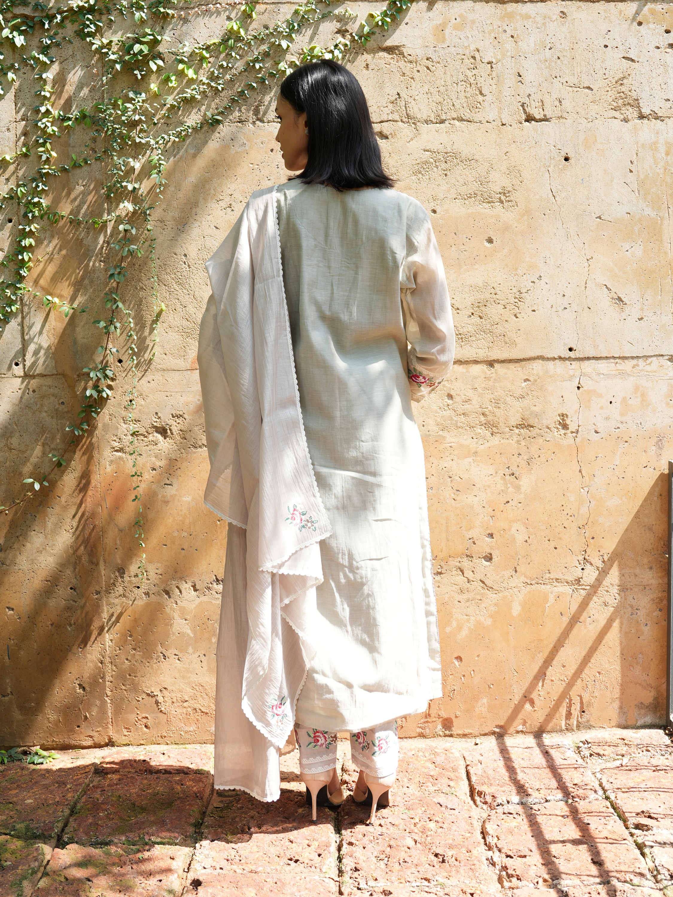 Neon Silver Chanderi Cotton Salwar Suit with Embroidered Roses - I AM BLVD